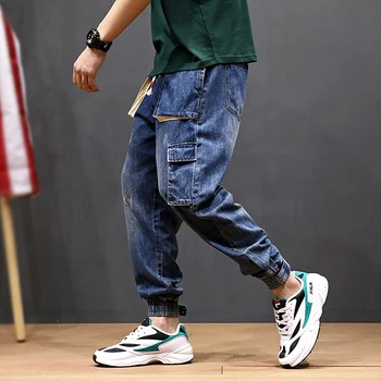 Streetwear Vyrų Džinsai Loose Fit Derliaus Haremas Mados Kelnės Multi Kišenės Džinsinio Krovinių Kelnės Techninis Apačioje Hip-Hop Jogger Džinsai Vyrams